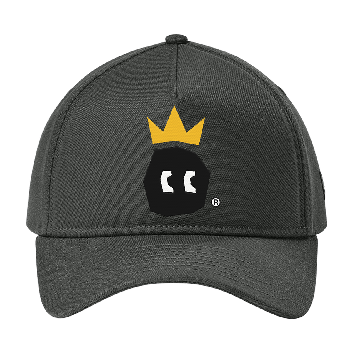 DRACARRJ Crown New Era cap in Graphite grey with embroidered black face, white eyes and gold crown