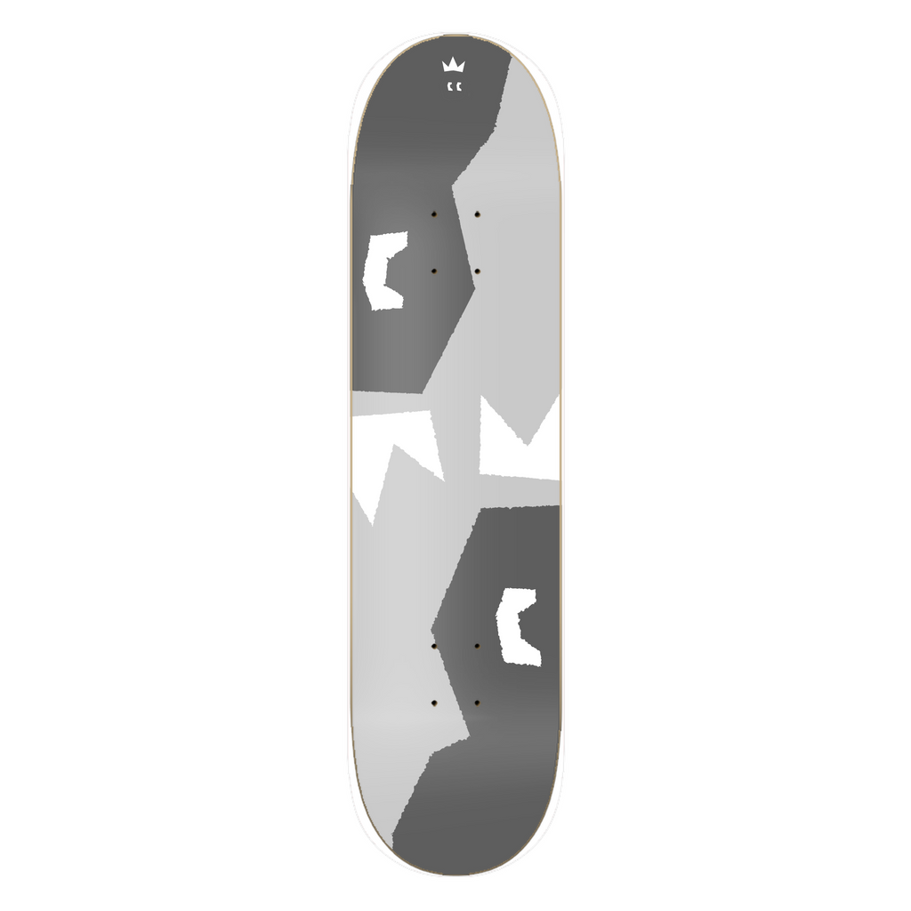 DRACARRJ Crown skateboard deck in gray, bottom graphic