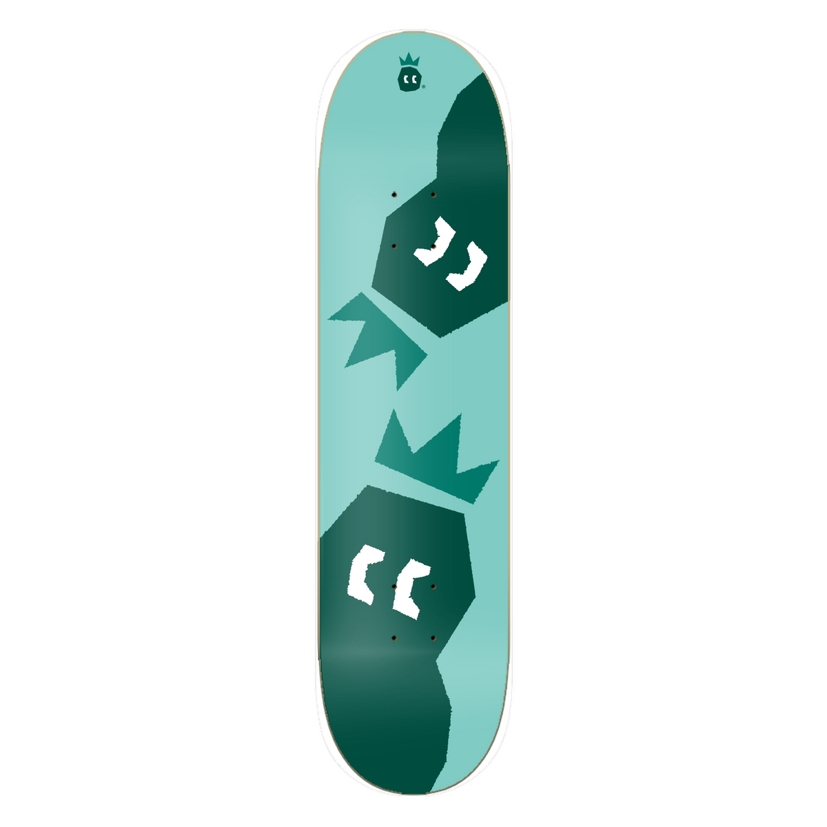 DRACARRJ Crown skateboard deck in teal, bottom graphic