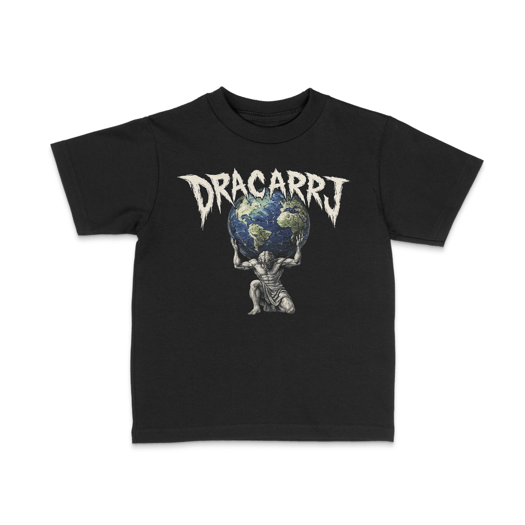 DRACARRJ ATLAS 6.0 oz kids tee in Black, front