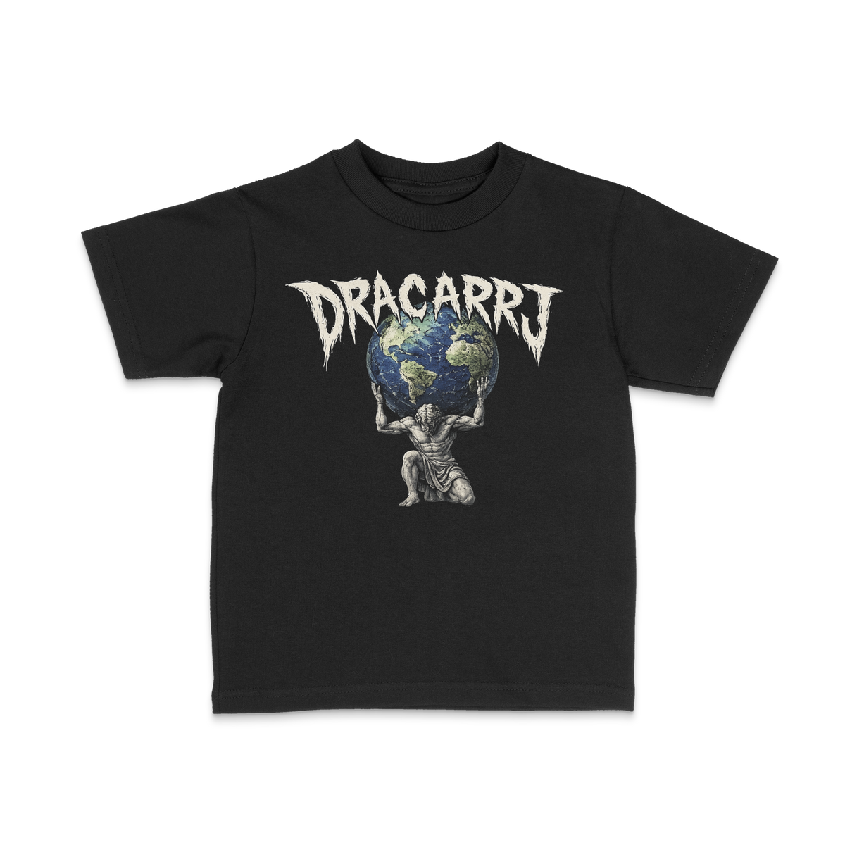 DRACARRJ ATLAS 6.0 oz kids tee in Black, front