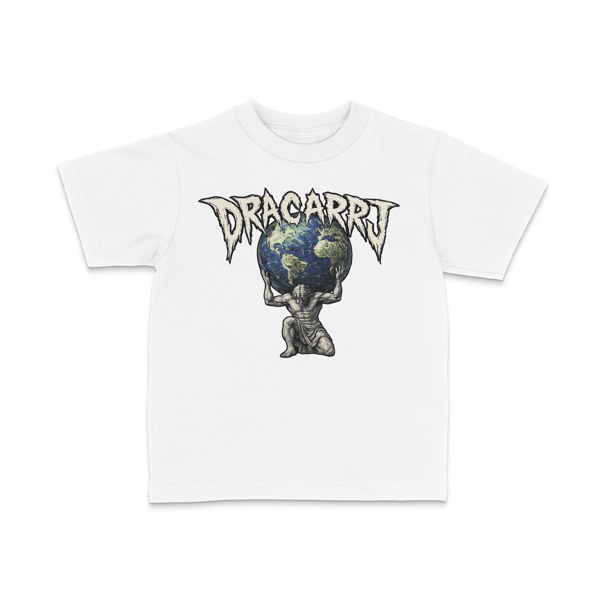 DRACARRJ ATLAS 6.0 oz kids tee in White, front