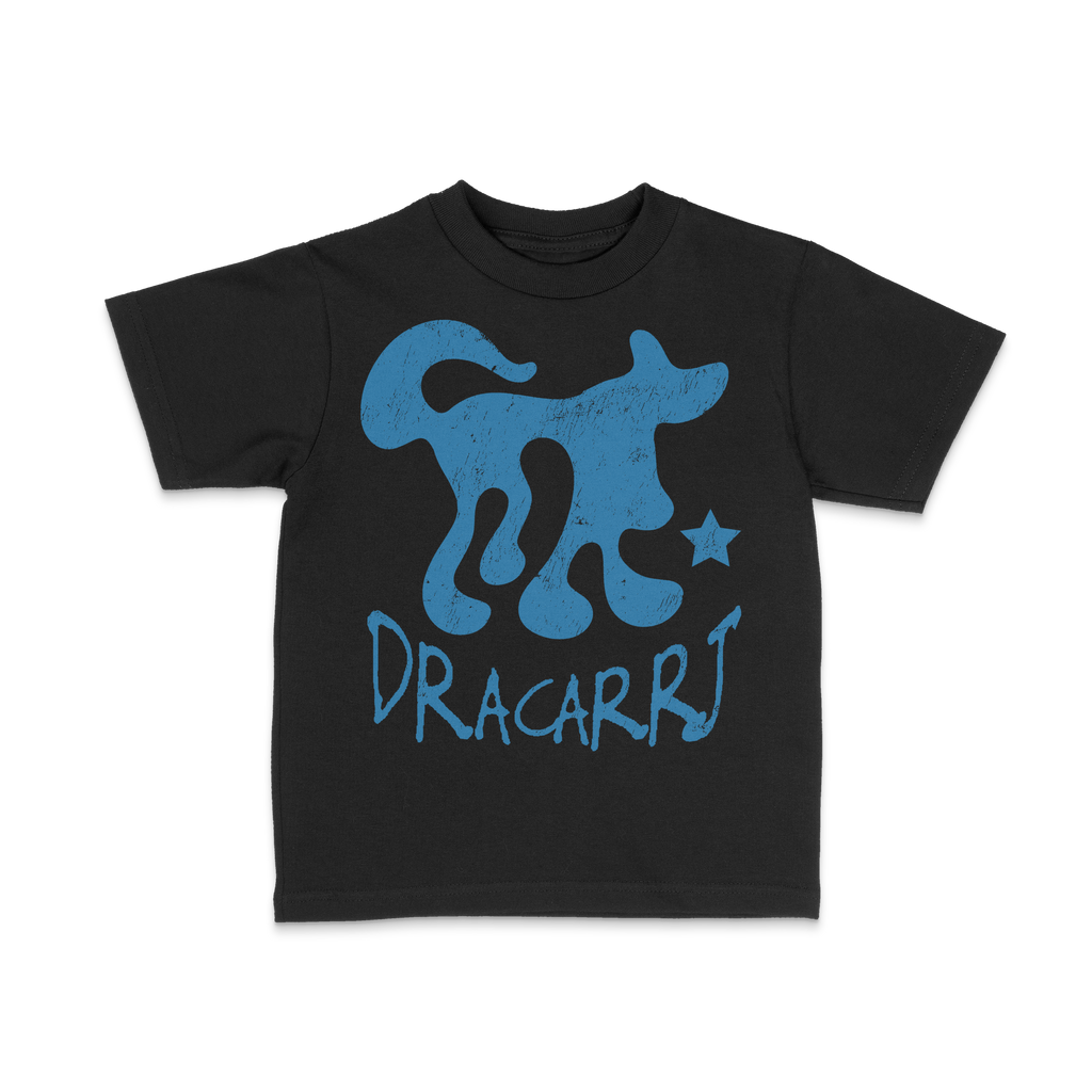 DRACARRJ BE LOYAL 6.0 oz kids tee in Black, Blue artwork, front