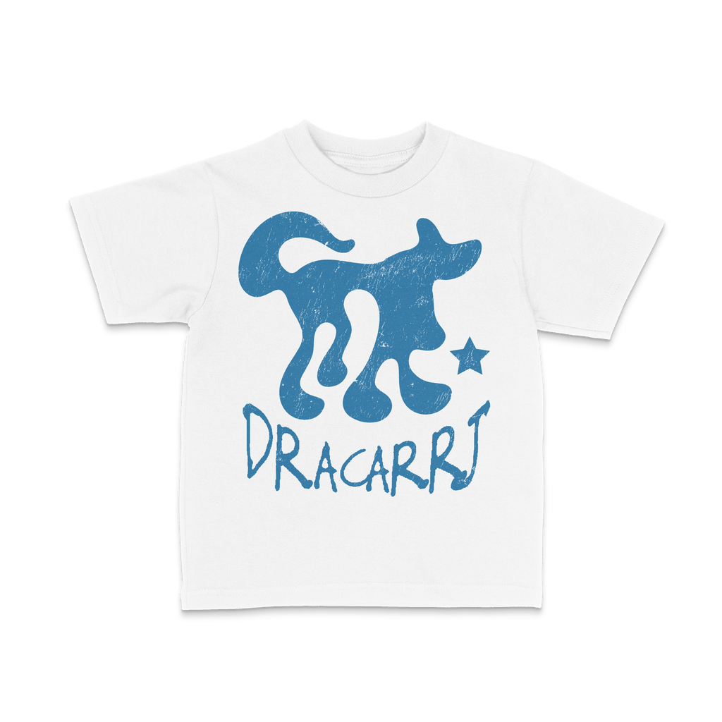 DRACARRJ BE LOYAL 6.0 oz kids tee in White, Blue artwork, front