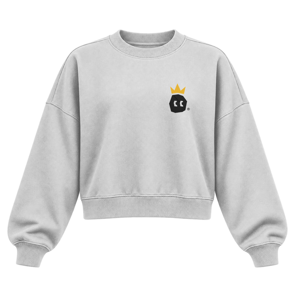crown font cropped crewneck heather white front